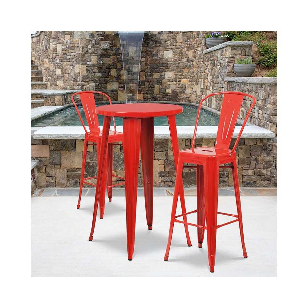 Commercial Grade 24" Round Red Metal Indoor-Outdoor Bar Table Set with 2 Cafe Stools