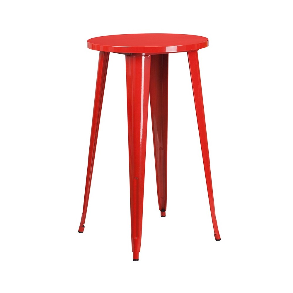 Commercial Grade 24" Round Red Metal Indoor-Outdoor Bar Table Set with 2 Cafe Stools