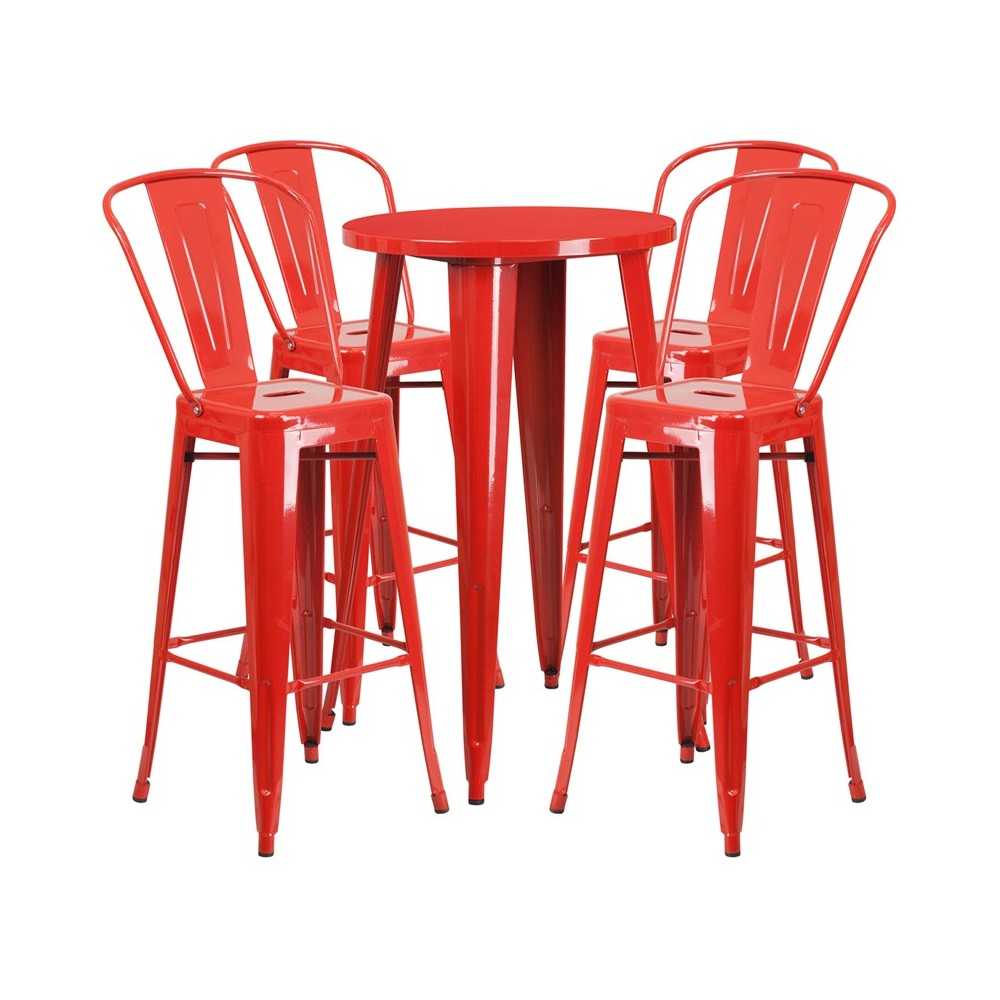 Commercial Grade 24" Round Red Metal Indoor-Outdoor Bar Table Set with 4 Cafe Stools