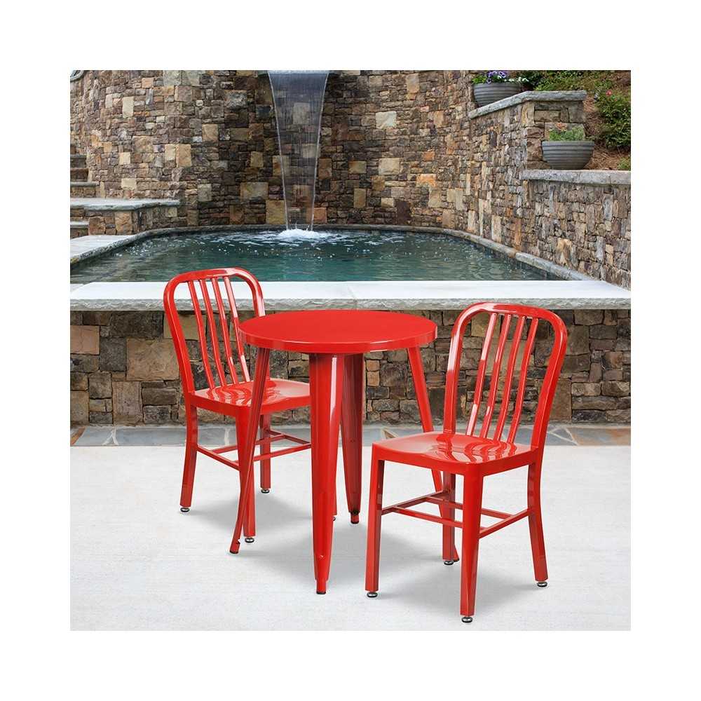 Commercial Grade 24" Round Red Metal Indoor-Outdoor Table Set with 2 Vertical Slat Back Chairs