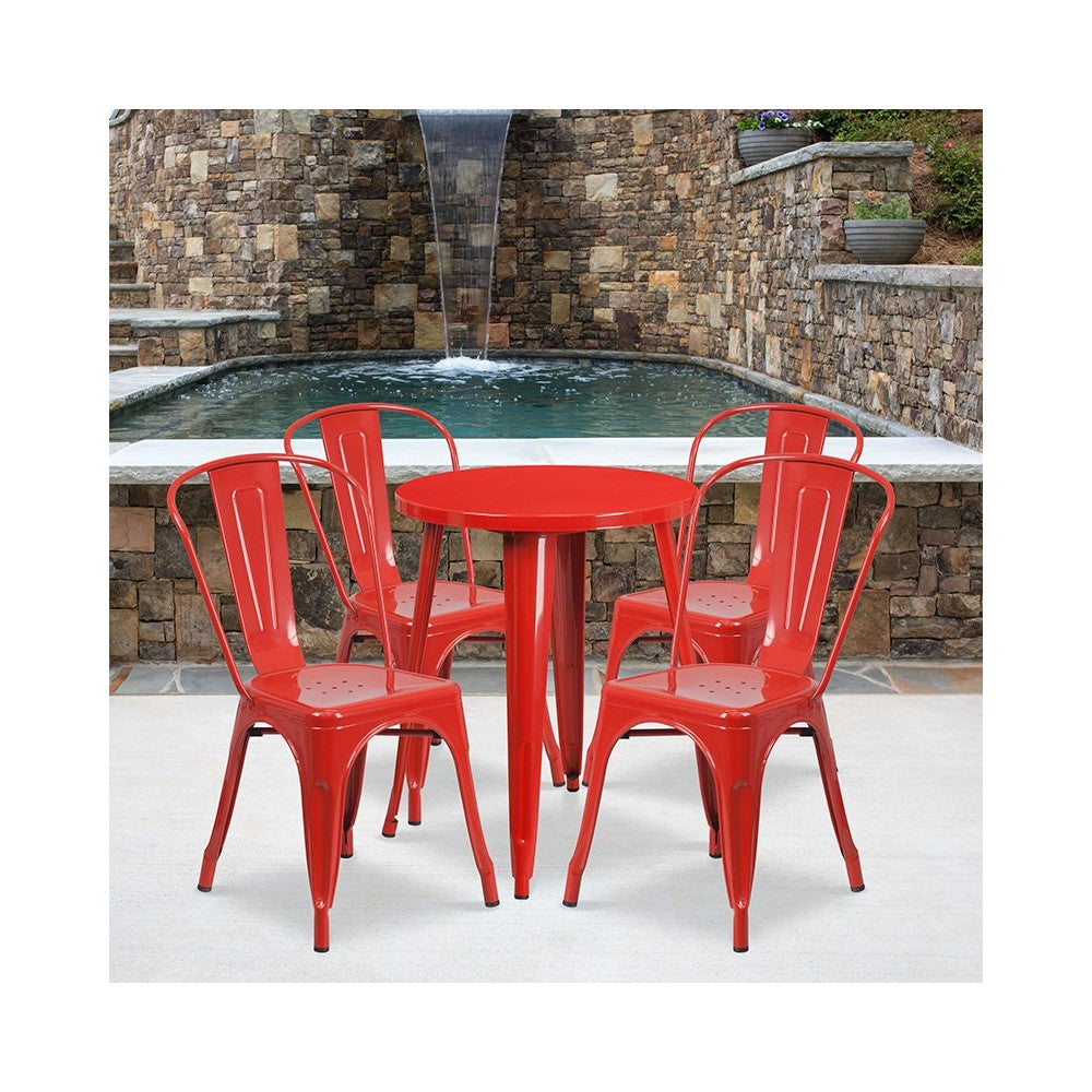 Commercial Grade 24" Round Red Metal Indoor-Outdoor Table Set with 4 Cafe Chairs