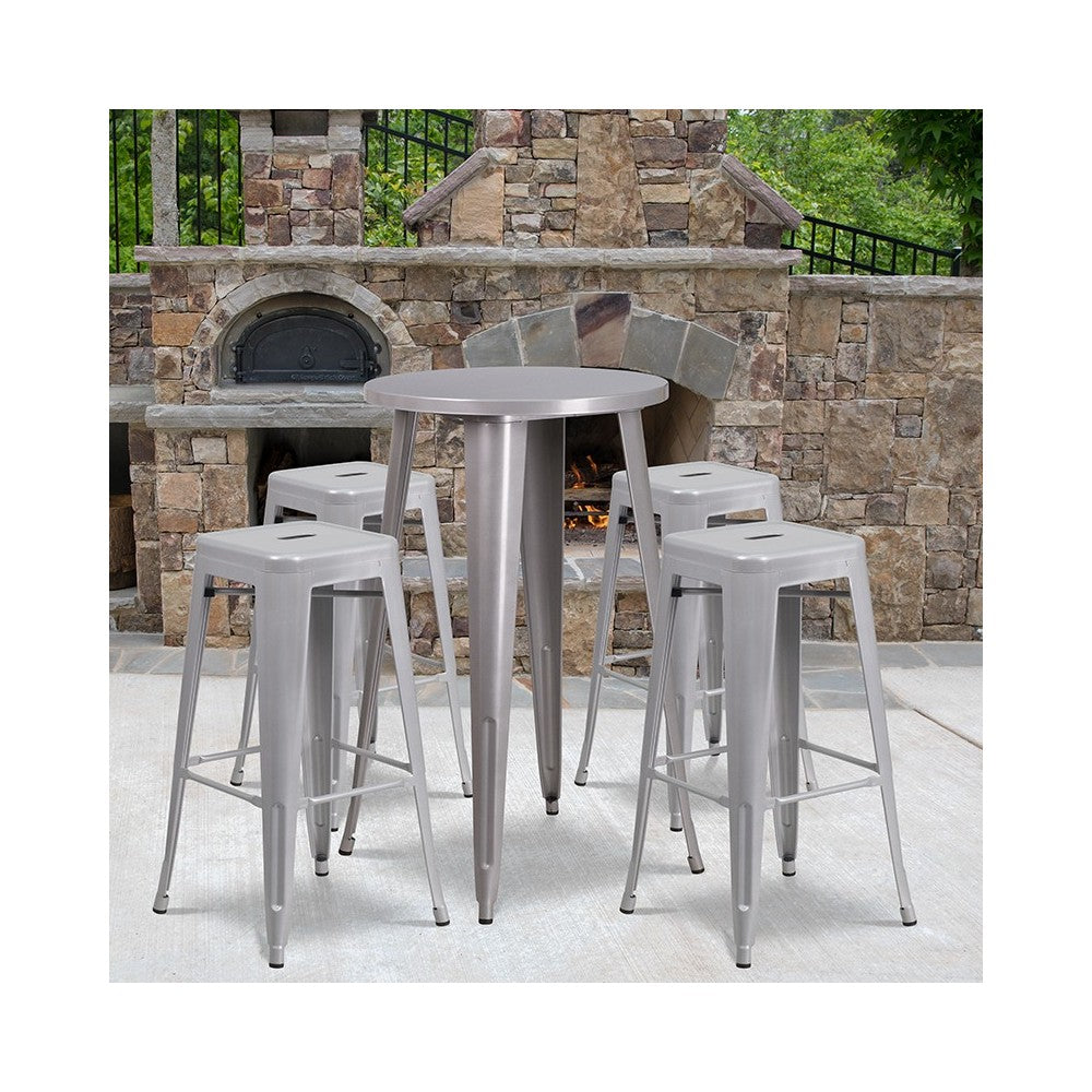 Commercial Grade 24" Round Silver Metal Indoor-Outdoor Bar Table Set with 4 Square Seat Backless Stools