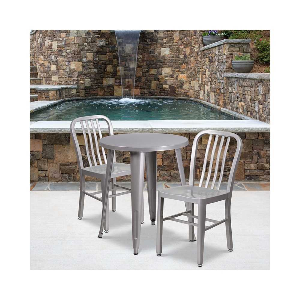 Commercial Grade 24" Round Silver Metal Indoor-Outdoor Table Set with 2 Vertical Slat Back Chairs