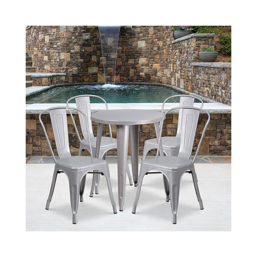 Commercial Grade 24" Round Silver Metal Indoor-Outdoor Table Set with 4 Cafe Chairs