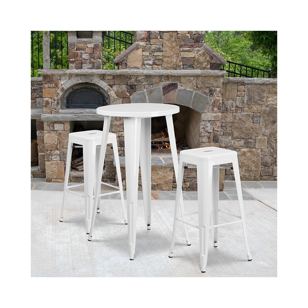 Commercial Grade 24" Round White Metal Indoor-Outdoor Bar Table Set with 2 Square Seat Backless Stools