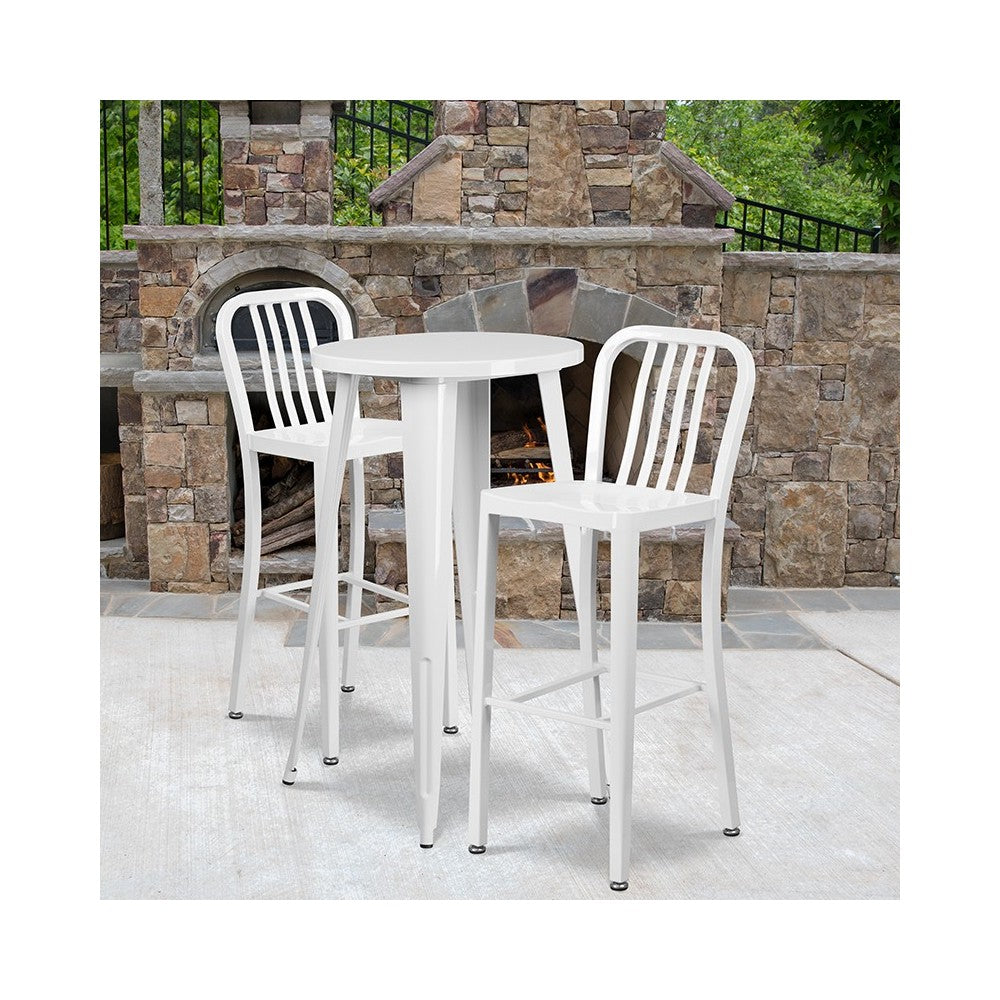 Commercial Grade 24" Round White Metal Indoor-Outdoor Bar Table Set with 2 Vertical Slat Back Stools
