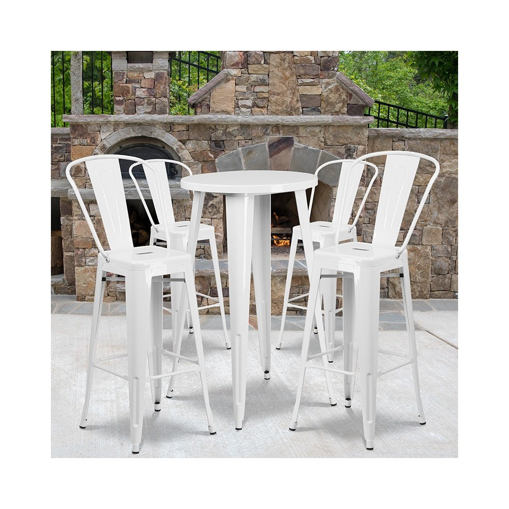 Commercial Grade 24" Round White Metal Indoor-Outdoor Bar Table Set with 4 Cafe Stools