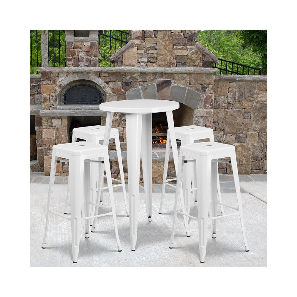 Commercial Grade 24" Round White Metal Indoor-Outdoor Bar Table Set with 4 Square Seat Backless Stools
