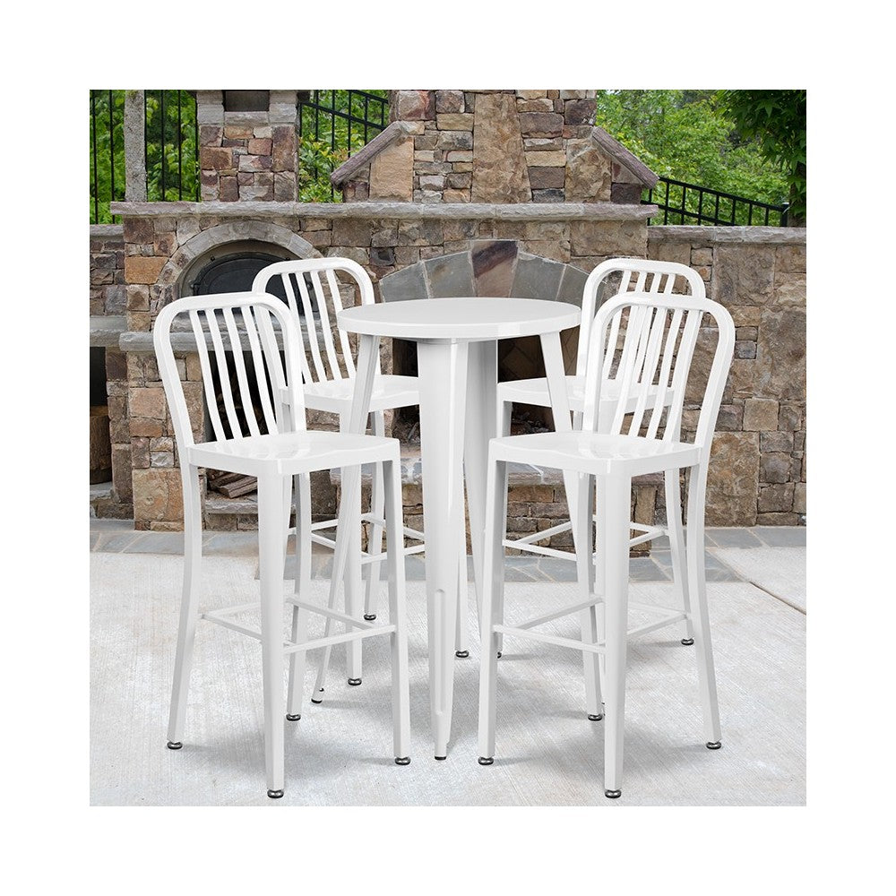 Commercial Grade 24" Round White Metal Indoor-Outdoor Bar Table Set with 4 Vertical Slat Back Stools