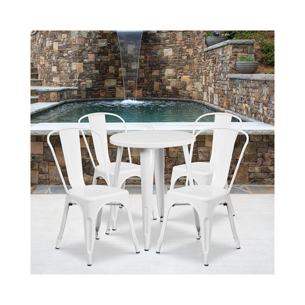 Commercial Grade 24" Round White Metal Indoor-Outdoor Table Set with 4 Cafe Chairs