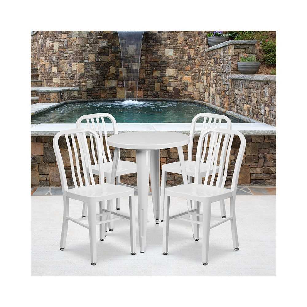Commercial Grade 24" Round White Metal Indoor-Outdoor Table Set with 4 Vertical Slat Back Chairs