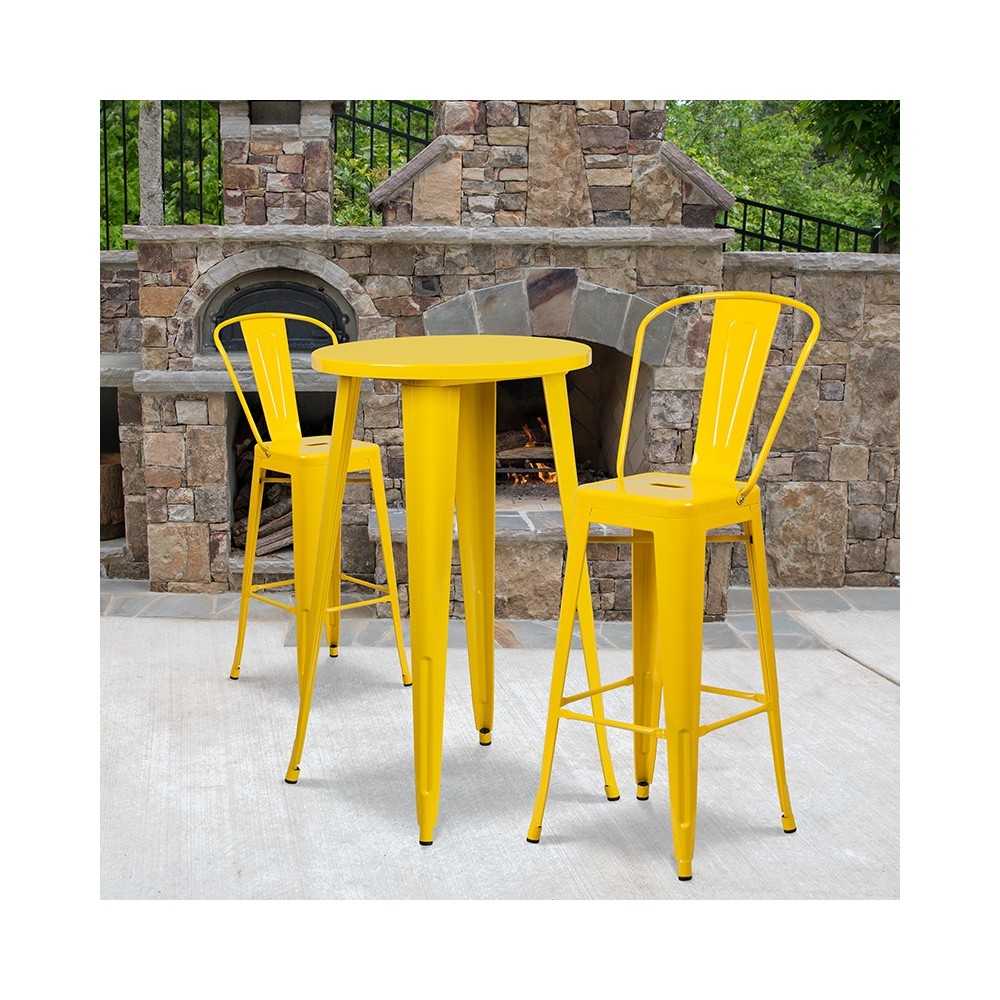 Commercial Grade 24" Round Yellow Metal Indoor-Outdoor Bar Table Set with 2 Cafe Stools
