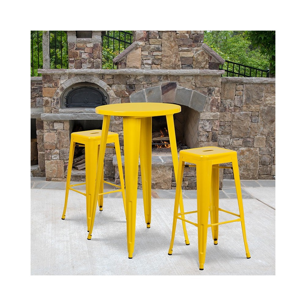 Commercial Grade 24" Round Yellow Metal Indoor-Outdoor Bar Table Set with 2 Square Seat Backless Stools