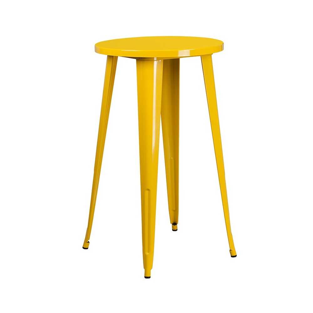 Commercial Grade 24" Round Yellow Metal Indoor-Outdoor Bar Table Set with 2 Square Seat Backless Stools