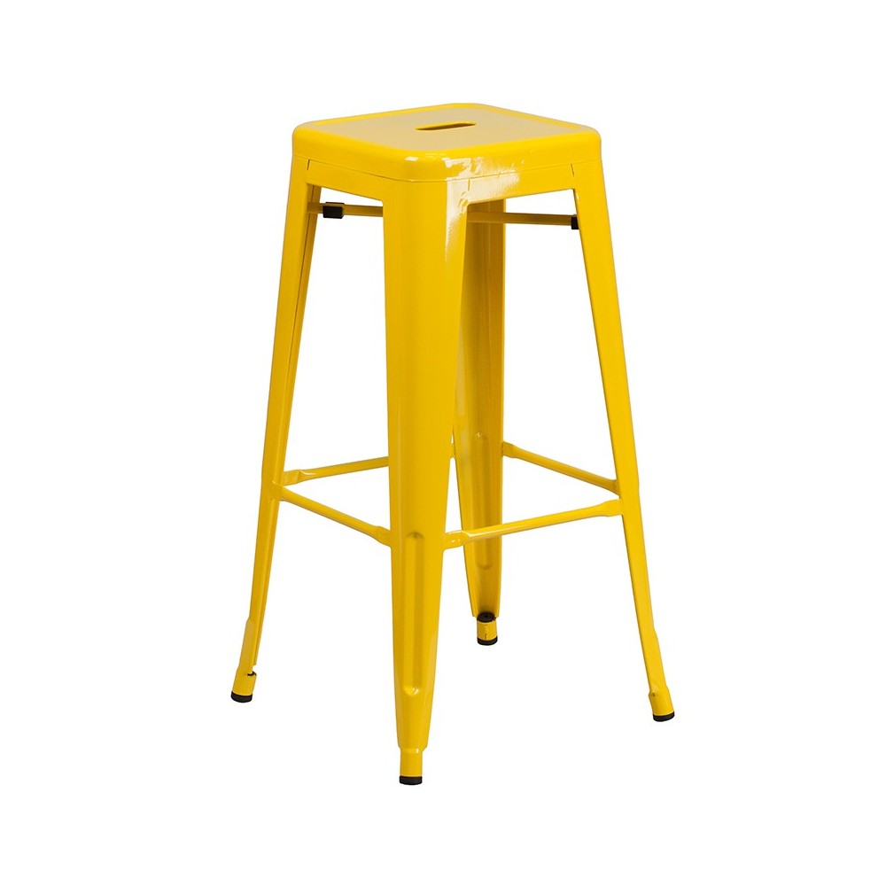 Commercial Grade 24" Round Yellow Metal Indoor-Outdoor Bar Table Set with 4 Square Seat Backless Stools