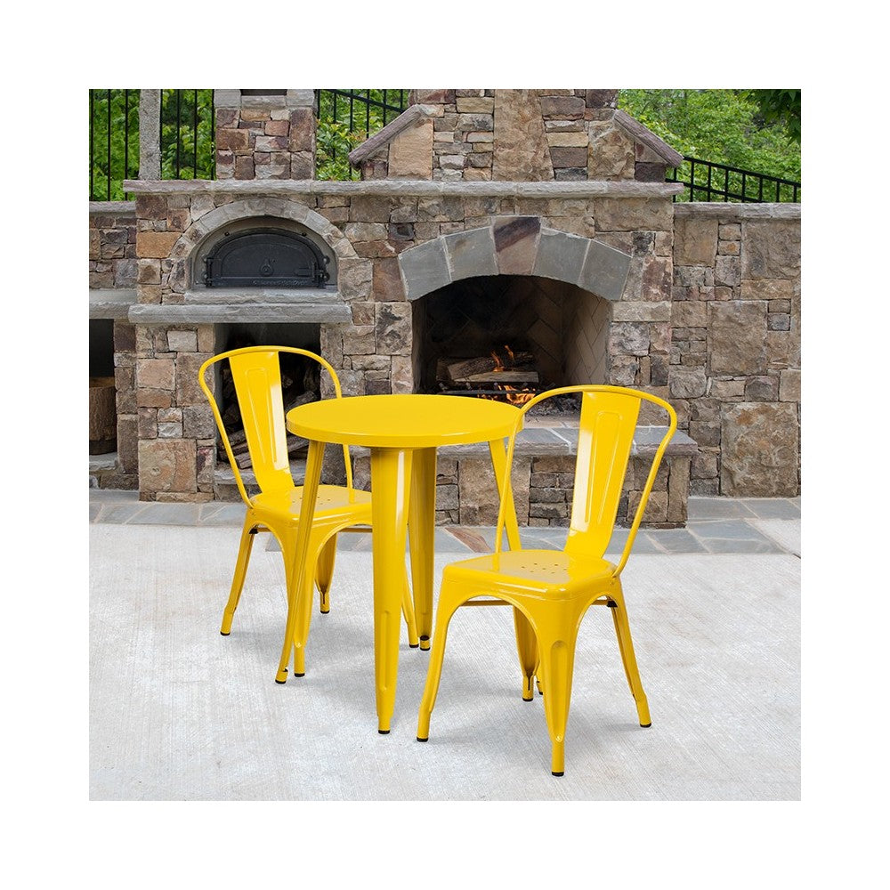 Commercial Grade 24" Round Yellow Metal Indoor-Outdoor Table Set with 2 Cafe Chairs
