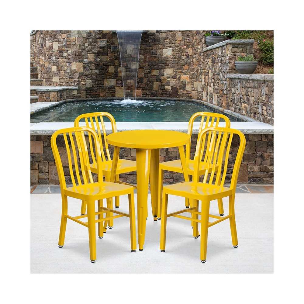 Commercial Grade 24" Round Yellow Metal Indoor-Outdoor Table Set with 4 Vertical Slat Back Chairs