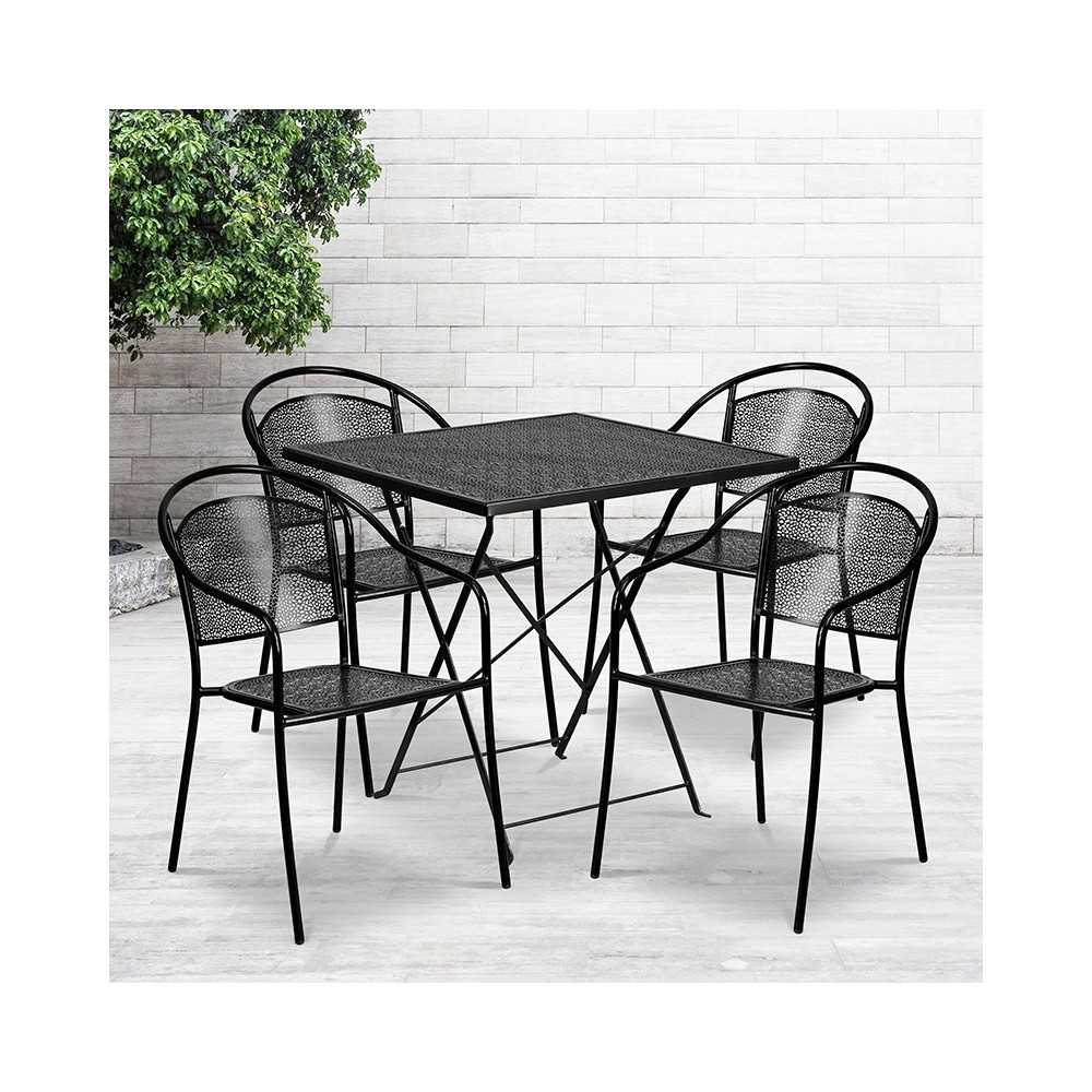 Commercial Grade 28" Square Black Indoor-Outdoor Steel Folding Patio Table Set with 4 Round Back Chairs