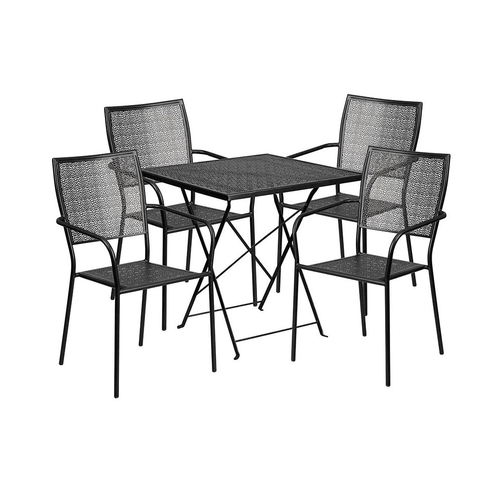 Commercial Grade 28" Square Black Indoor-Outdoor Steel Folding Patio Table Set with 4 Square Back Chairs