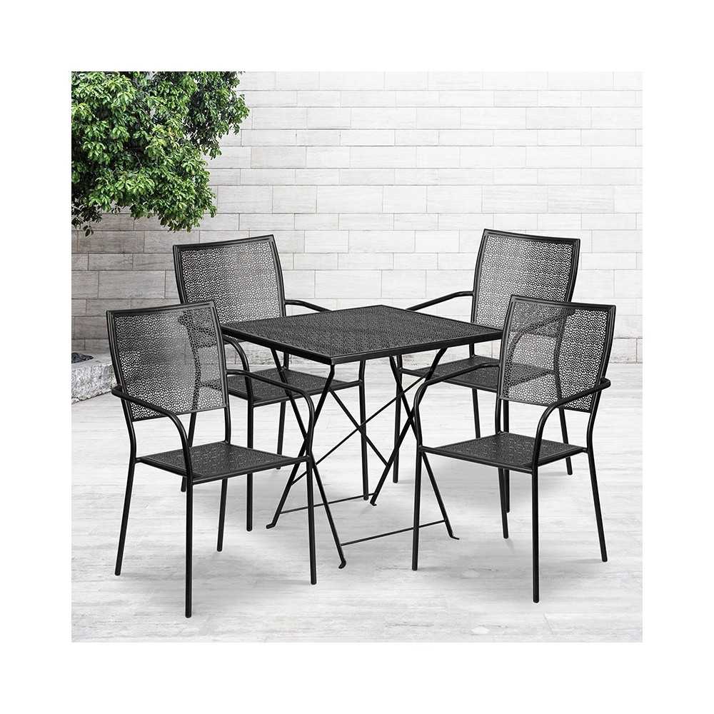 Commercial Grade 28" Square Black Indoor-Outdoor Steel Folding Patio Table Set with 4 Square Back Chairs