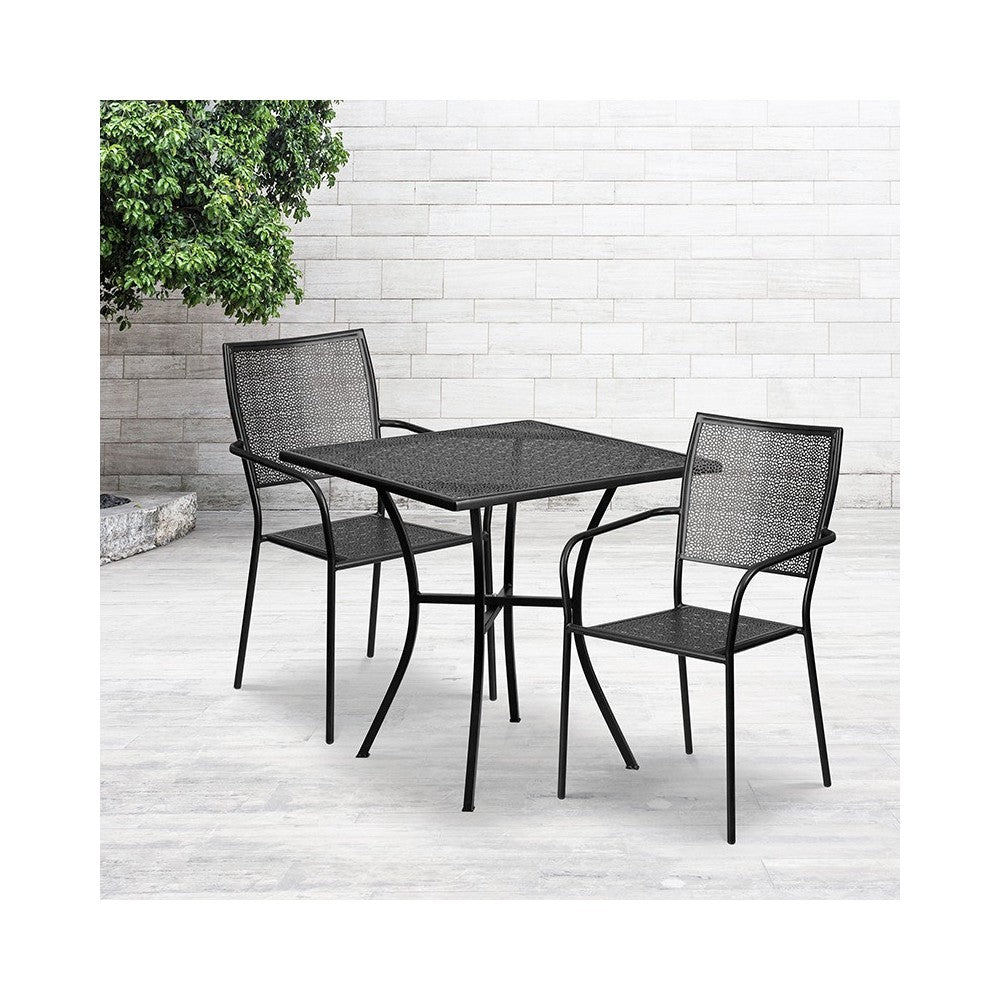Commercial Grade 28" Square Black Indoor-Outdoor Steel Patio Table Set with 2 Square Back Chairs