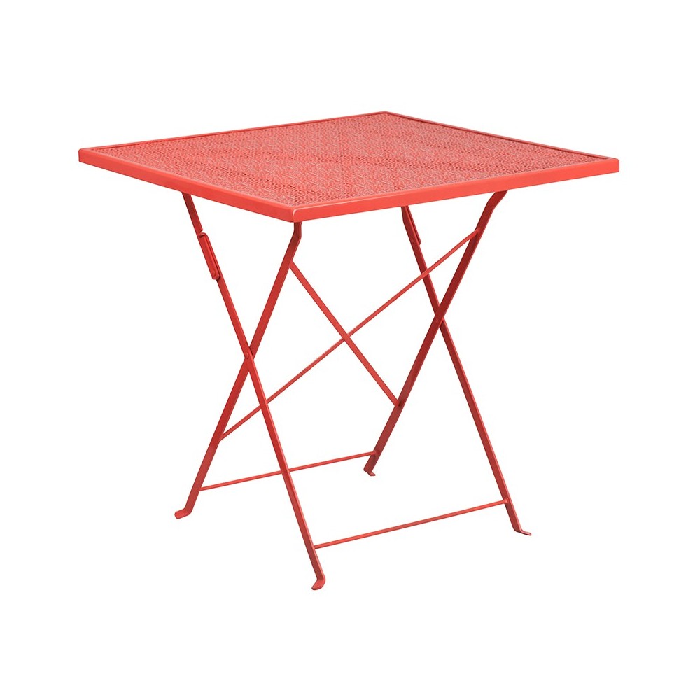 Commercial Grade 28" Square Coral Indoor-Outdoor Steel Folding Patio Table Set with 2 Round Back Chairs