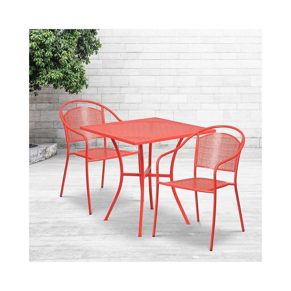 Commercial Grade 28" Square Coral Indoor-Outdoor Steel Patio Table Set with 2 Round Back Chairs