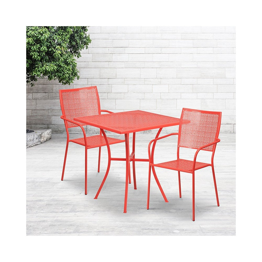 Commercial Grade 28" Square Coral Indoor-Outdoor Steel Patio Table Set with 2 Square Back Chairs