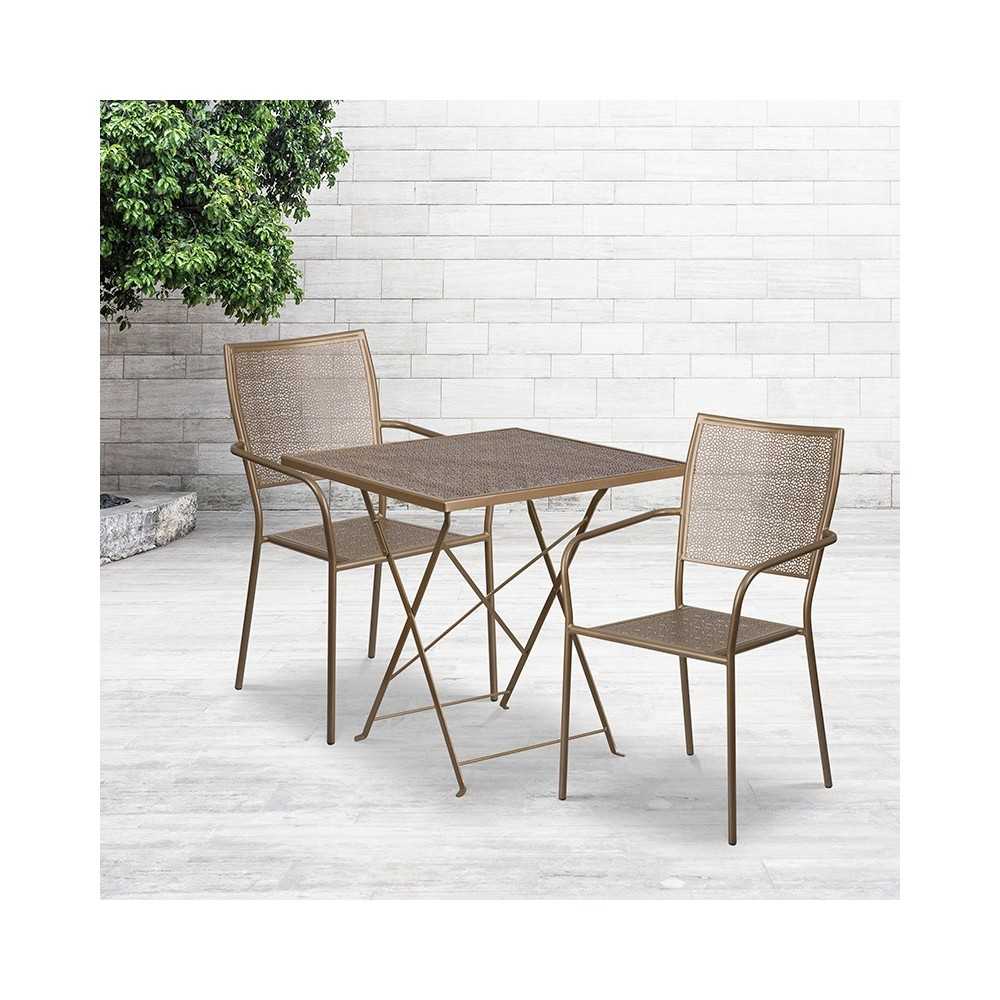 Commercial Grade 28" Square Gold Indoor-Outdoor Steel Folding Patio Table Set with 2 Square Back Chairs