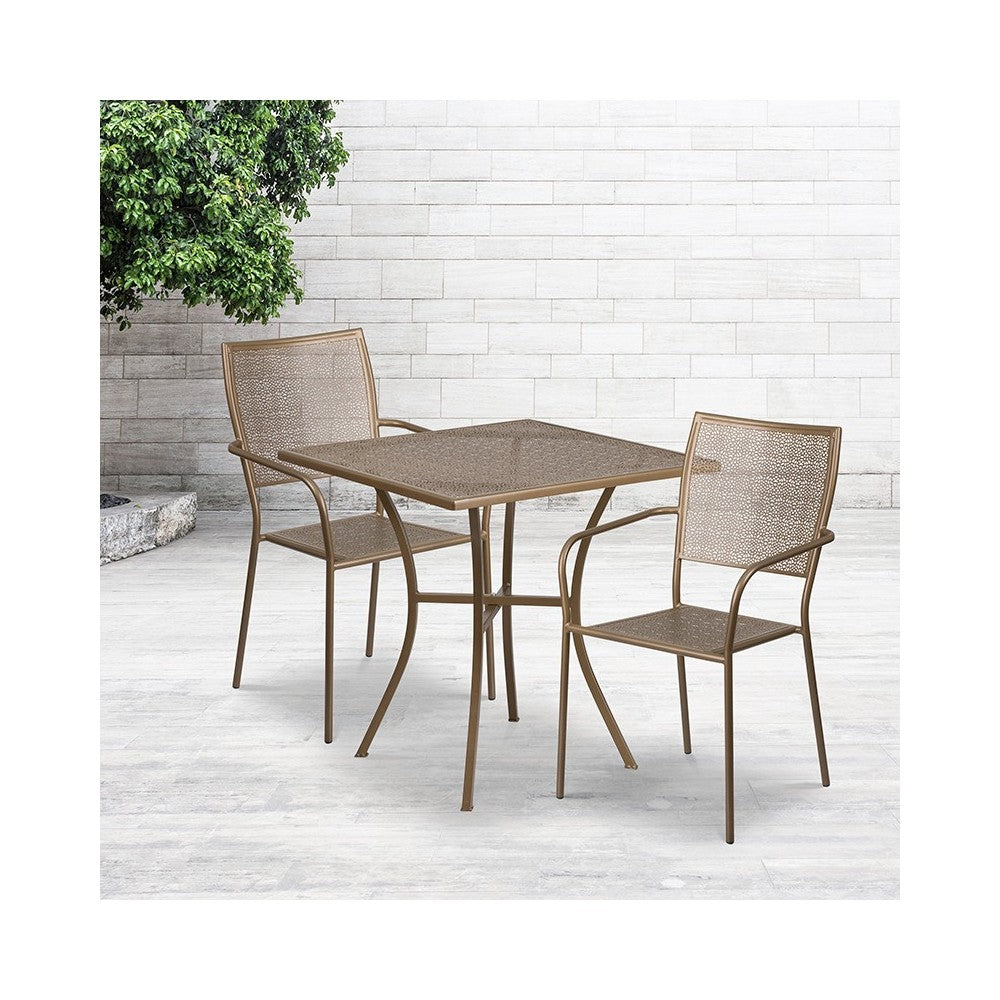 Commercial Grade 28" Square Gold Indoor-Outdoor Steel Patio Table Set with 2 Square Back Chairs