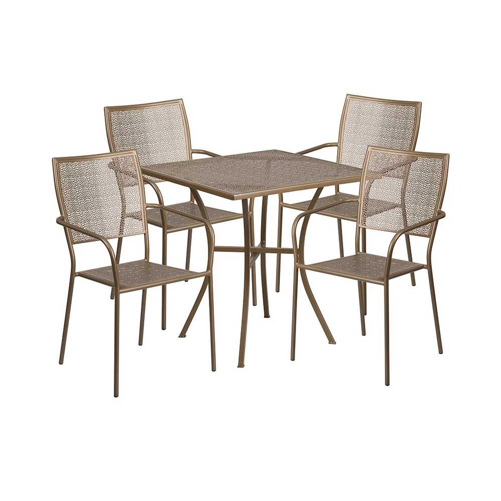 Commercial Grade 28" Square Gold Indoor-Outdoor Steel Patio Table Set with 4 Square Back Chairs