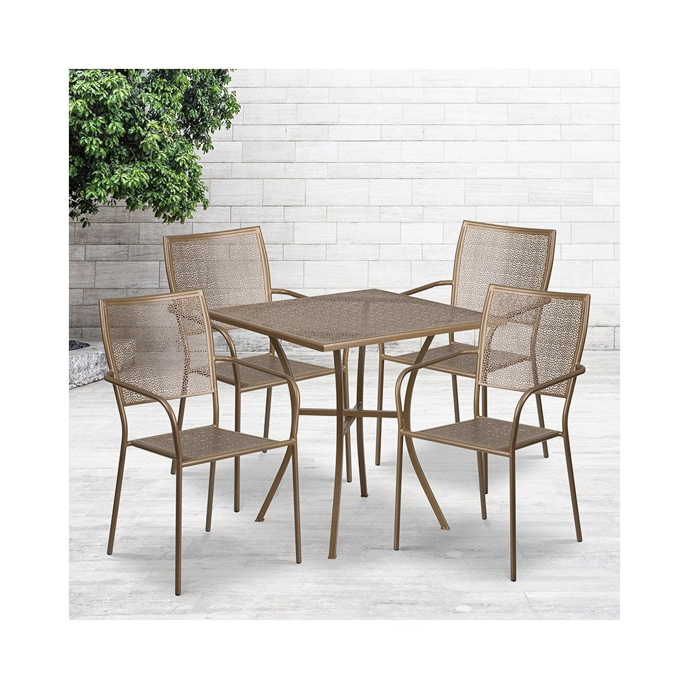 Commercial Grade 28" Square Gold Indoor-Outdoor Steel Patio Table Set with 4 Square Back Chairs