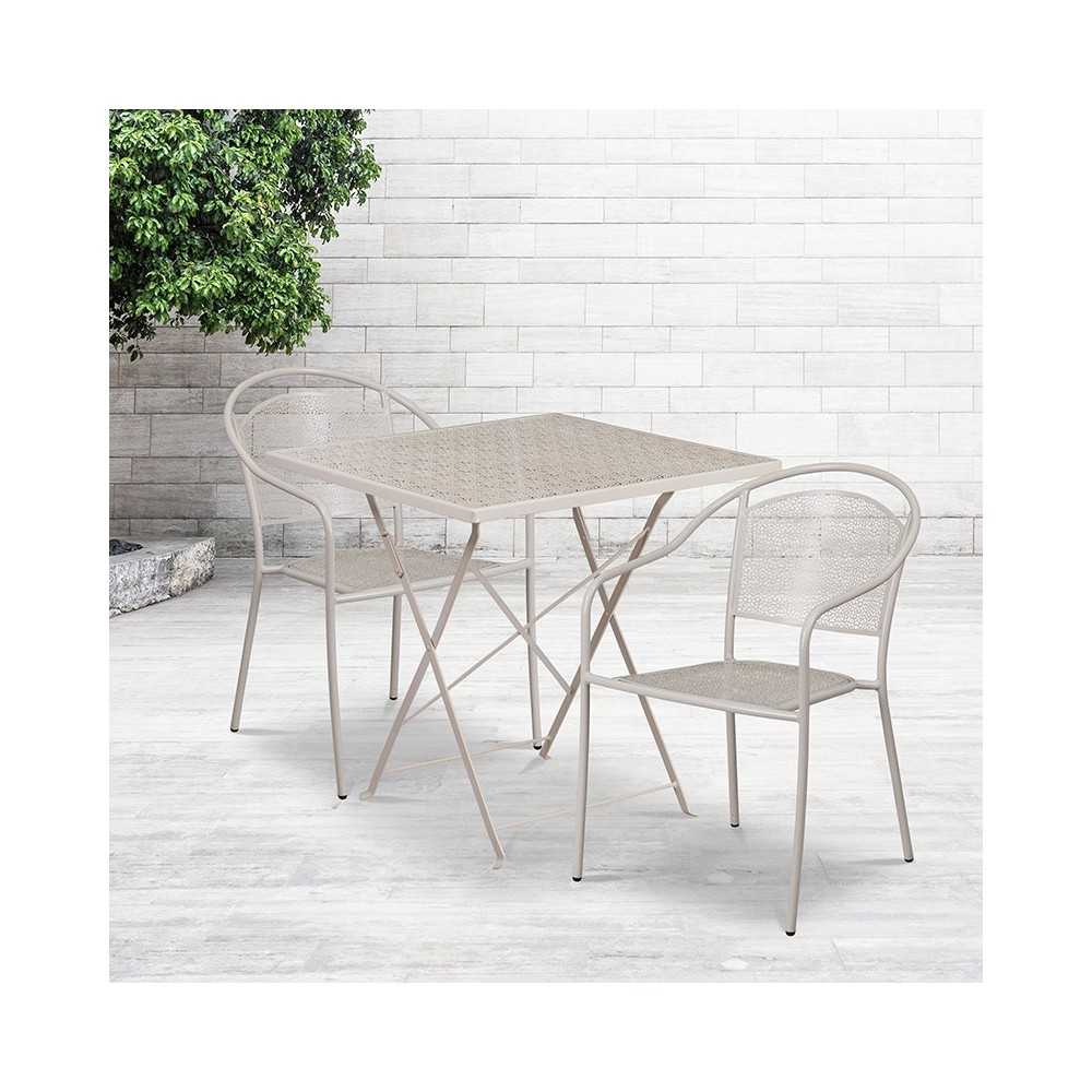 Commercial Grade 28" Square Light Gray Indoor-Outdoor Steel Folding Patio Table Set with 2 Round Back Chairs