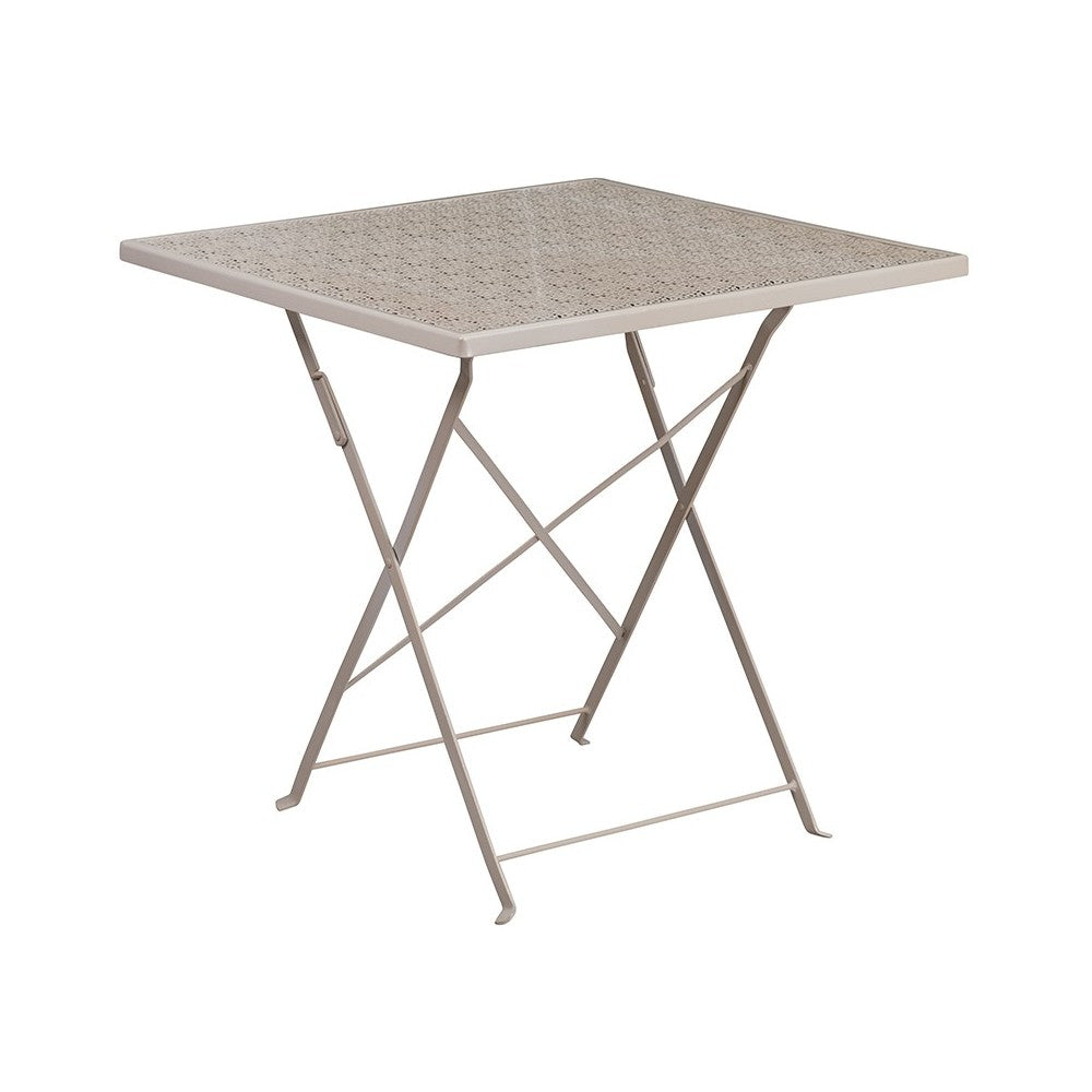 Commercial Grade 28" Square Light Gray Indoor-Outdoor Steel Folding Patio Table Set with 2 Round Back Chairs