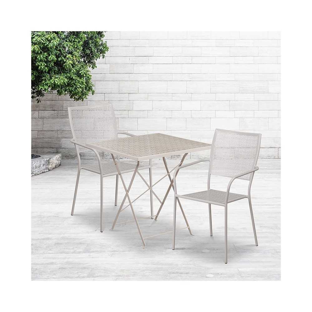 Commercial Grade 28" Square Light Gray Indoor-Outdoor Steel Folding Patio Table Set with 2 Square Back Chairs