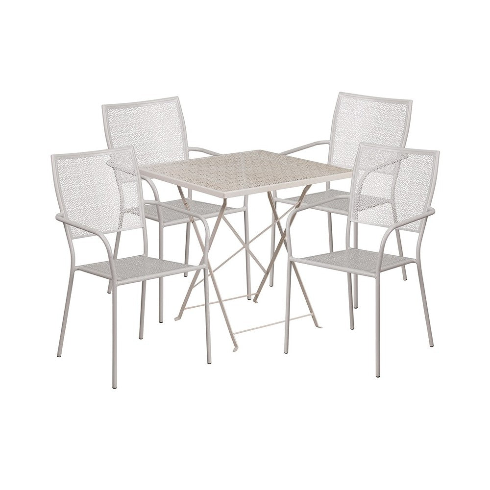 Commercial Grade 28" Square Light Gray Indoor-Outdoor Steel Folding Patio Table Set with 4 Square Back Chairs