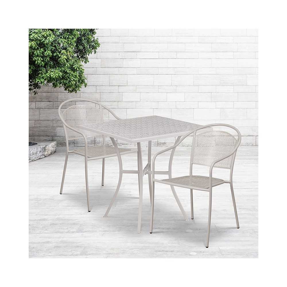 Commercial Grade 28" Square Light Gray Indoor-Outdoor Steel Patio Table Set with 2 Round Back Chairs