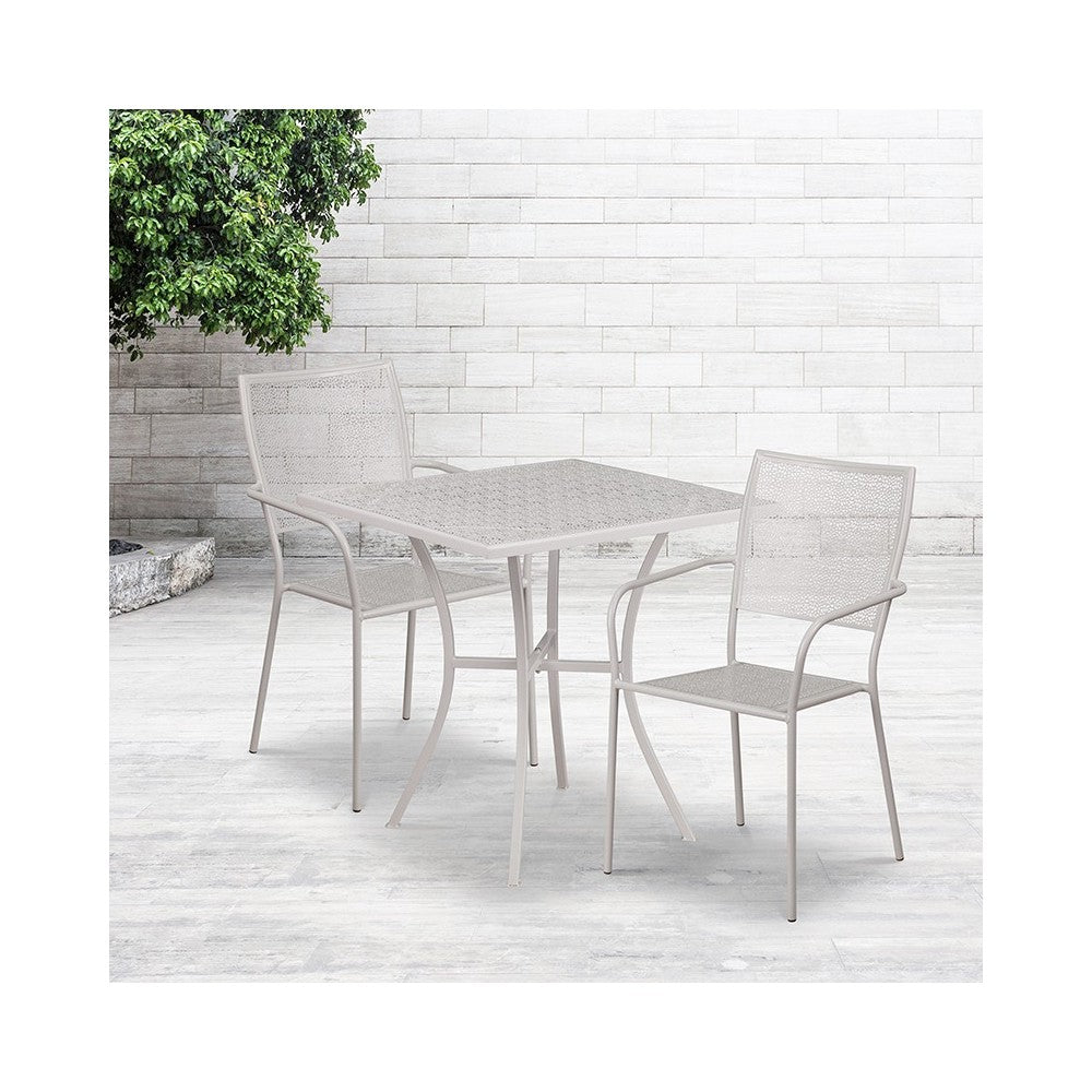 Commercial Grade 28" Square Light Gray Indoor-Outdoor Steel Patio Table Set with 2 Square Back Chairs