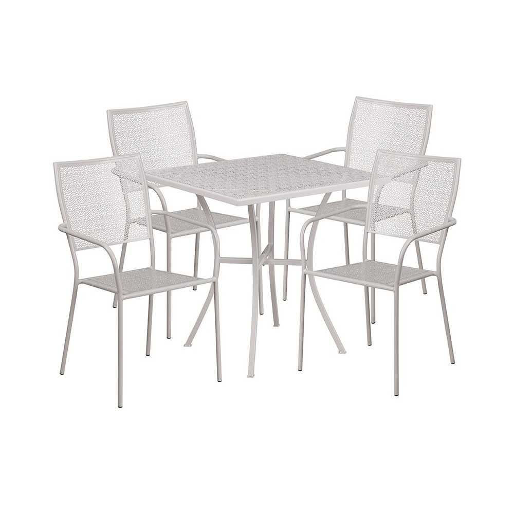 Commercial Grade 28" Square Light Gray Indoor-Outdoor Steel Patio Table Set with 4 Square Back Chairs