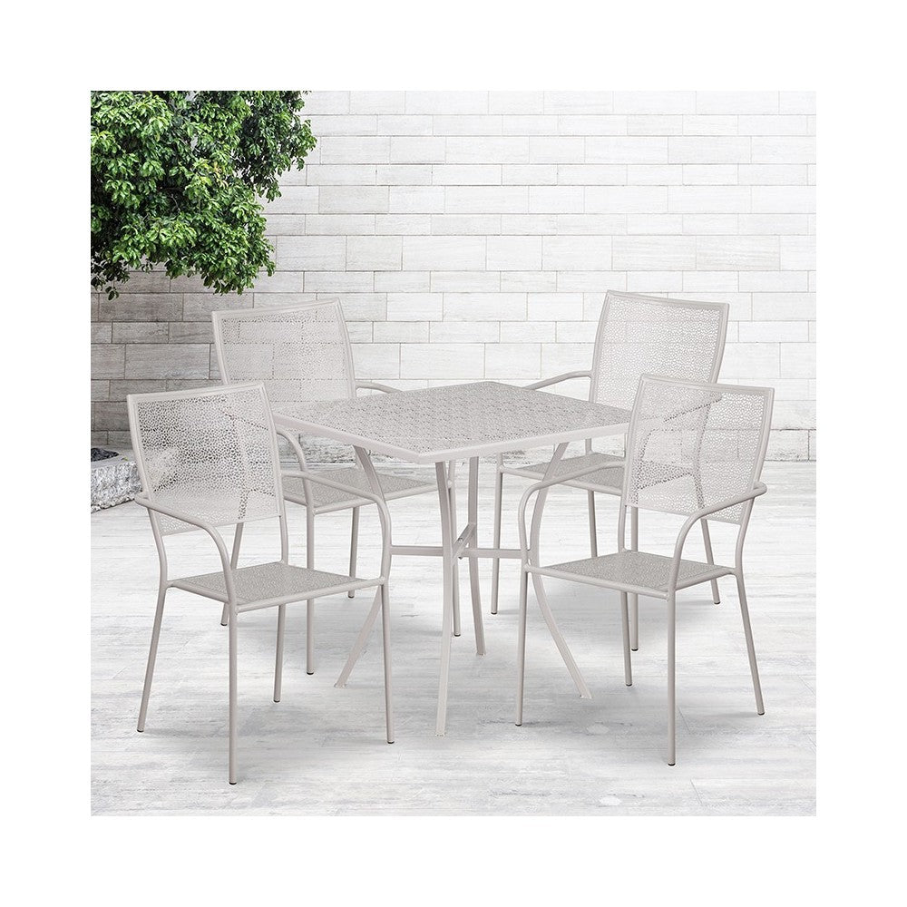Commercial Grade 28" Square Light Gray Indoor-Outdoor Steel Patio Table Set with 4 Square Back Chairs