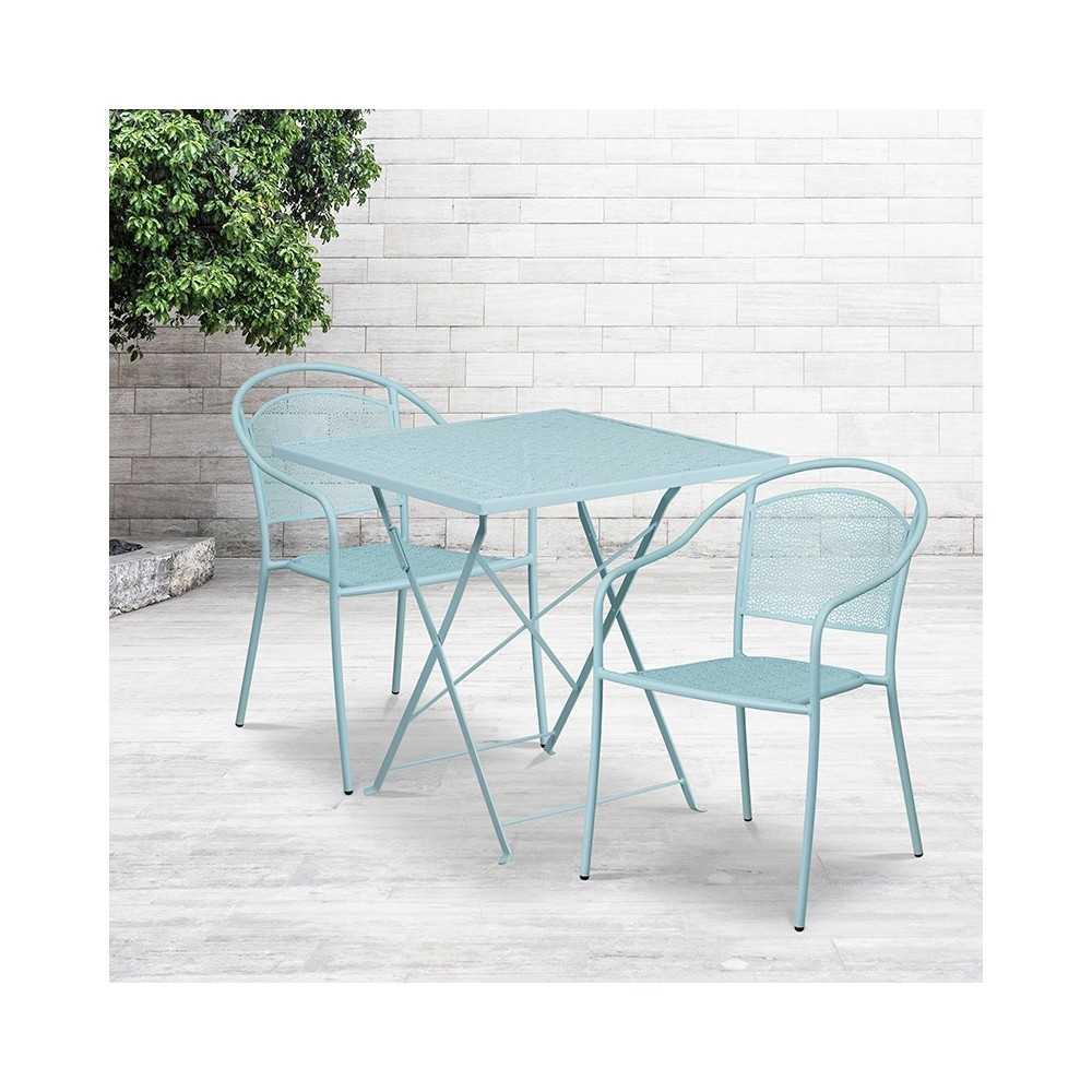 Commercial Grade 28" Square Sky Blue Indoor-Outdoor Steel Folding Patio Table Set with 2 Round Back Chairs