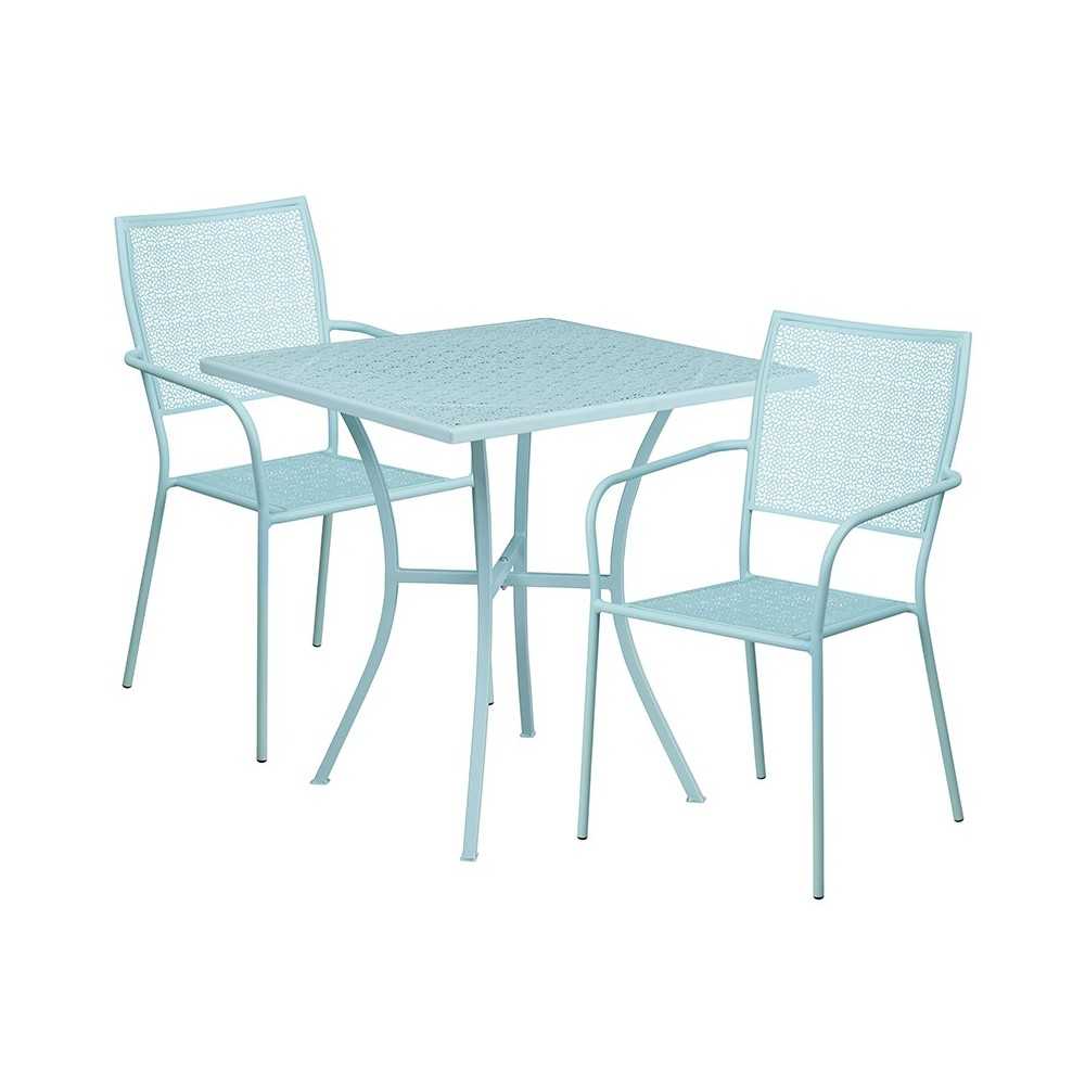 Commercial Grade 28" Square Sky Blue Indoor-Outdoor Steel Patio Table Set with 2 Square Back Chairs