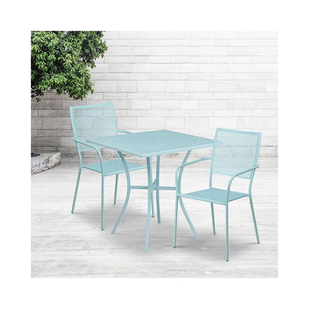 Commercial Grade 28" Square Sky Blue Indoor-Outdoor Steel Patio Table Set with 2 Square Back Chairs
