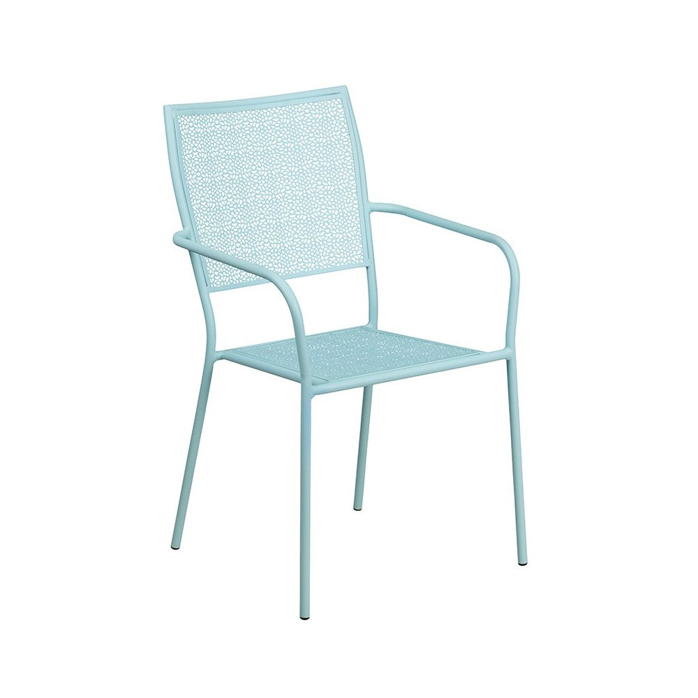 Commercial Grade 28" Square Sky Blue Indoor-Outdoor Steel Patio Table Set with 2 Square Back Chairs