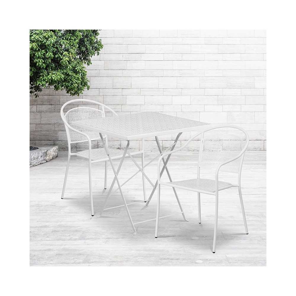 Commercial Grade 28" Square White Indoor-Outdoor Steel Folding Patio Table Set with 2 Round Back Chairs
