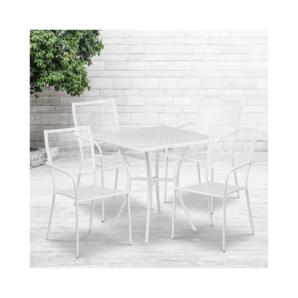 Commercial Grade 28" Square White Indoor-Outdoor Steel Patio Table Set with 4 Square Back Chairs