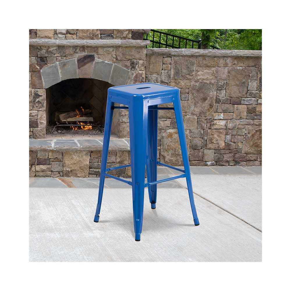 Commercial Grade 30" High Backless Blue Metal Indoor-Outdoor Barstool with Square Seat