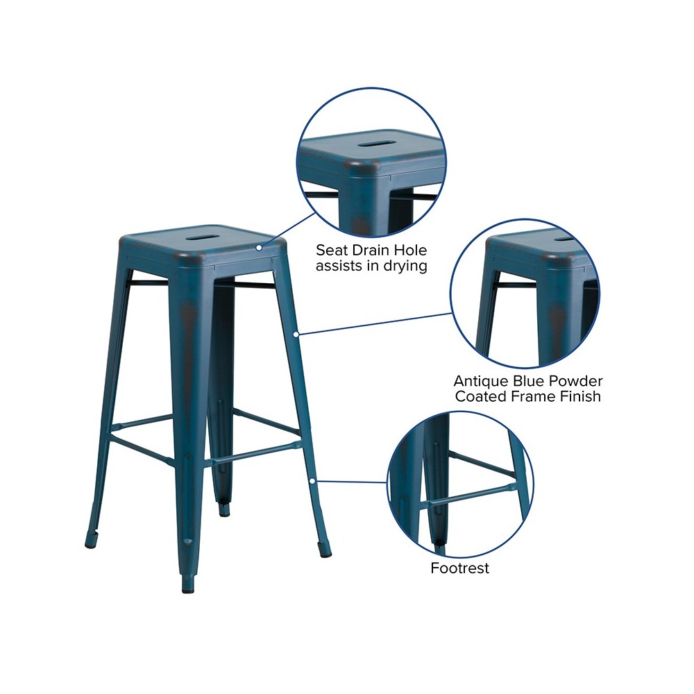 Commercial Grade 30" High Backless Distressed Antique Blue Metal Indoor-Outdoor Barstool