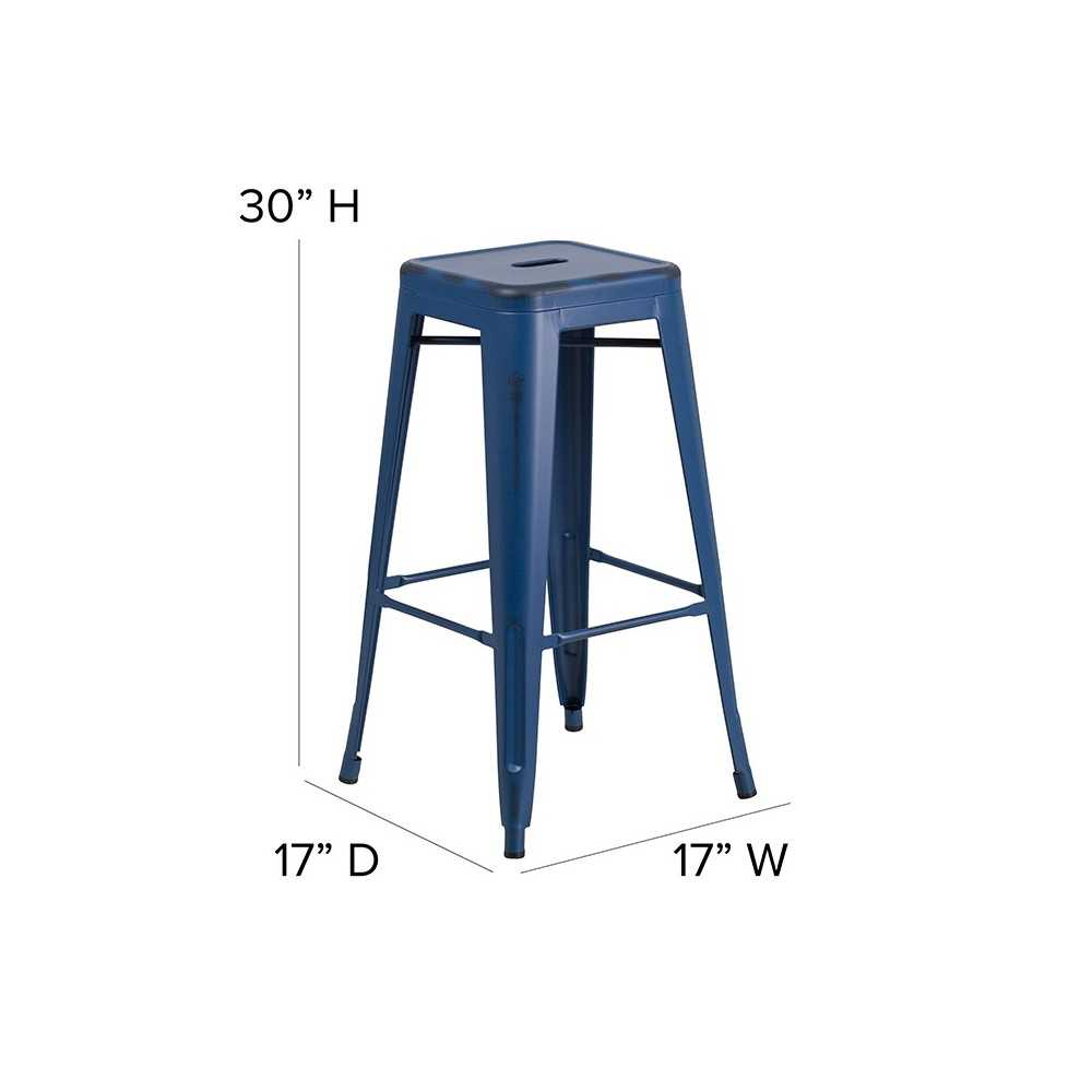 Commercial Grade 30" High Backless Distressed Antique Blue Metal Indoor-Outdoor Barstool