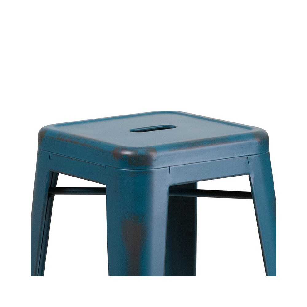 Commercial Grade 30" High Backless Distressed Antique Blue Metal Indoor-Outdoor Barstool